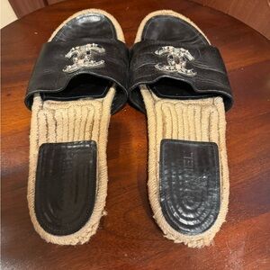 CHANEL Black and Beige Espadrille Sandals